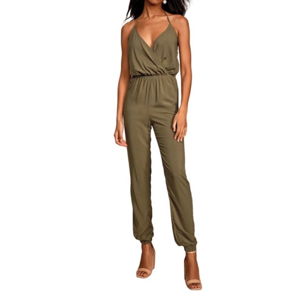 Lulu's Learning to Fly Olive Green Boho Casual Halter Jumpsuit Size Large